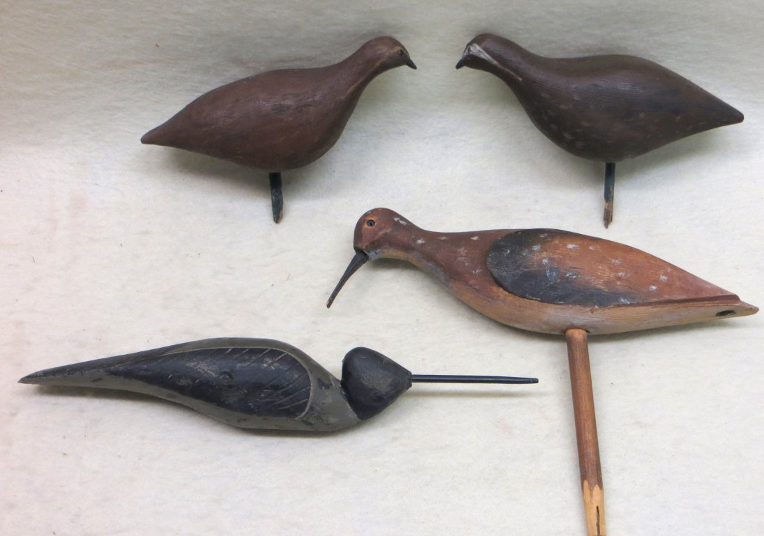 Collection of 4 carved birds including 2 shorebird: Collection of 4 carved birds including 2 shorebird decoys and 2 small quails (7.5"L x 3.25"H) - all in old paint.