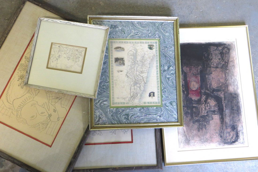 Five framed items including Poussin print - note on: Five framed items including Poussin print - note on reverse identifies date as 1805, large folio architectural engraving pencil signed illegibly 1965, map of Ancient Palestine - hand colored - engrave