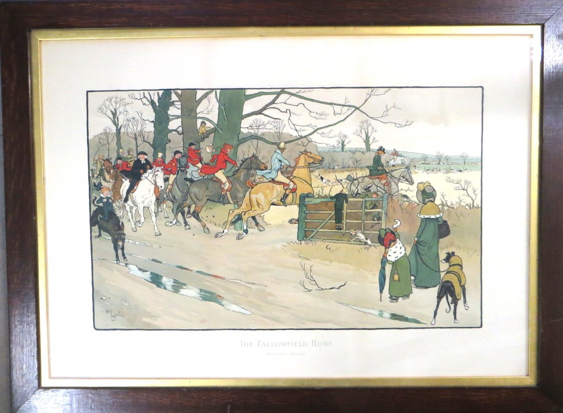 Large folio, framed whimsical English horse hunt print: Large folio, framed whimsical English horse hunt print entitled "The Fallowfield Hunt - Breaking Cover" - after a painting by Cecil Aldin in 1900 - published by Lawrence & Bullen - Early 20th century.