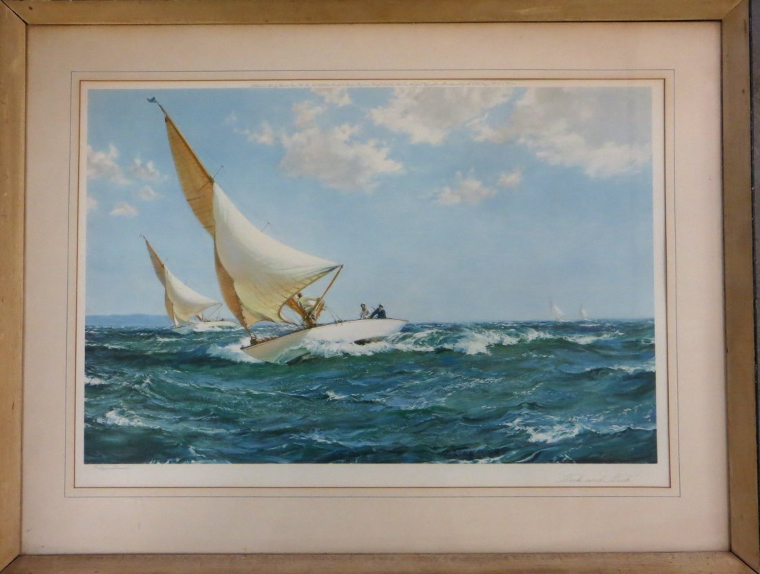 Large folio framed and matted sailing yacht race scene: Large folio framed and matted sailing yacht race scene lithograph entitled "Neck and Neck". After a painting by Montaque Dawson - published 1935 by Frost and Reed Limited. 18" x 26".