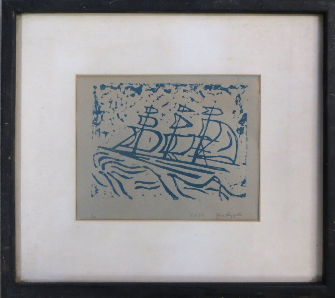 Limited edition modernistic lithograph of a 3 mast: Limited edition modernistic lithograph of a 3 mast sailing ship, pencil signed Jane Riggotto 5/2/67 - 1/10. 7.5" x 8.5".