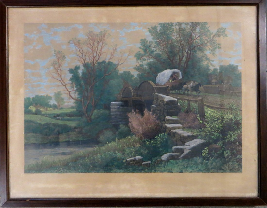 Hand colored print entitled "The Old Mill Stream" after: Hand colored print entitled "The Old Mill Stream" after a work by A.F. Bellows (Albert Fitch Bellows 1829-1883 - NY, Mass. Belgium) - scene depicts a 4 Horse drawn wagon crossing bridge over stream wi