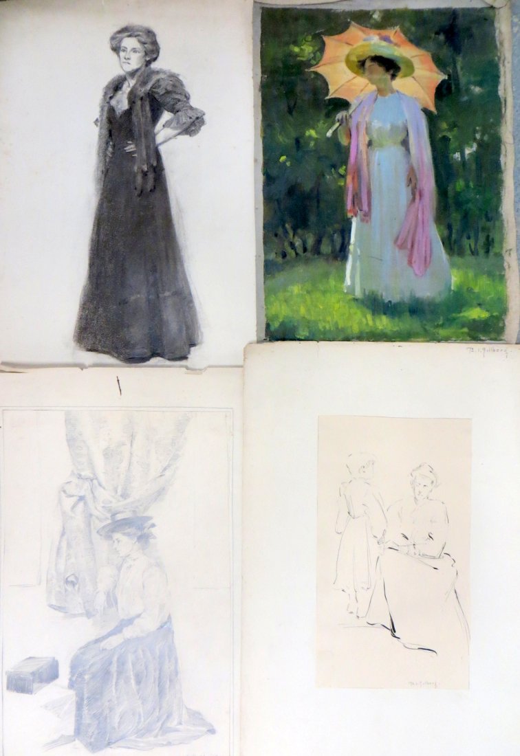 Bertha I. Gullberg, NY - Portraits of Edwardian ladies.: Four pieces of original artwork by the same artist (3 signed B.I. Gullberg (Bertha I. Gullberg, NY late 19th to early 20th century) including pen & ink illustration of child and Edwardian woman, charc