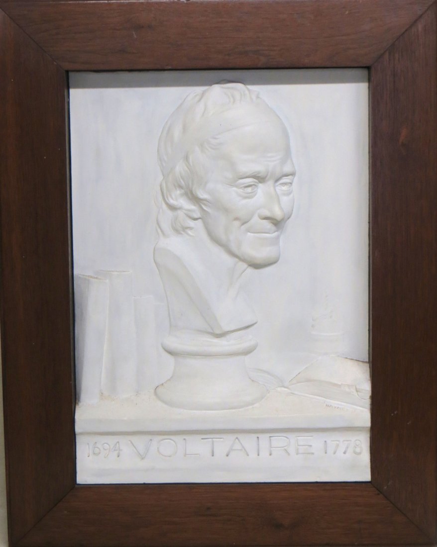 Framed commemorative plaster plaque depicting 4 books,: Framed commemorative plaster plaque depicting 4 books, bust of Voltair, snuffed out candle and open book (small chip to book) - entitled "1694 Voltair 1778" signed Haynes '36 - Paper label on reverse