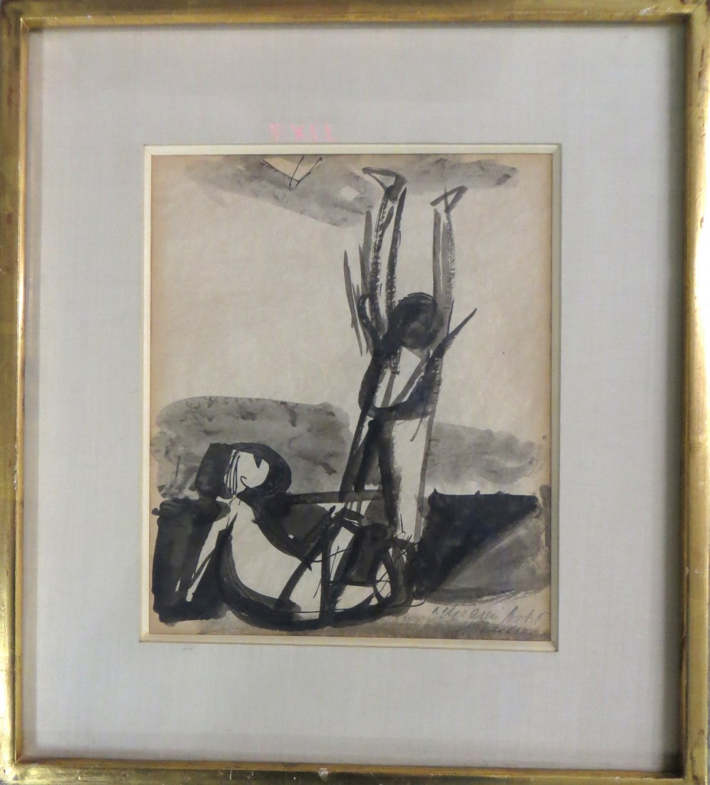W/C abstract expressionist of man with raised arms: W/C abstract expressionist of man with raised arms signed illegibly - Provenance: This artwork was found in the estate of a famous NY opera star, name withheld by family. 7.5" x 9.25". Label on revers