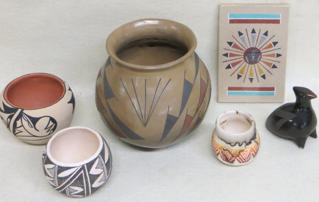 Collection of 6 mostly modern Native American & Mexican: Collection of 6 mostly modern Native American & Mexican articles including sand painting on board, blackware effigy figure signed Mexico, 4 pottery bowls with Indian decorations, some signed on base r