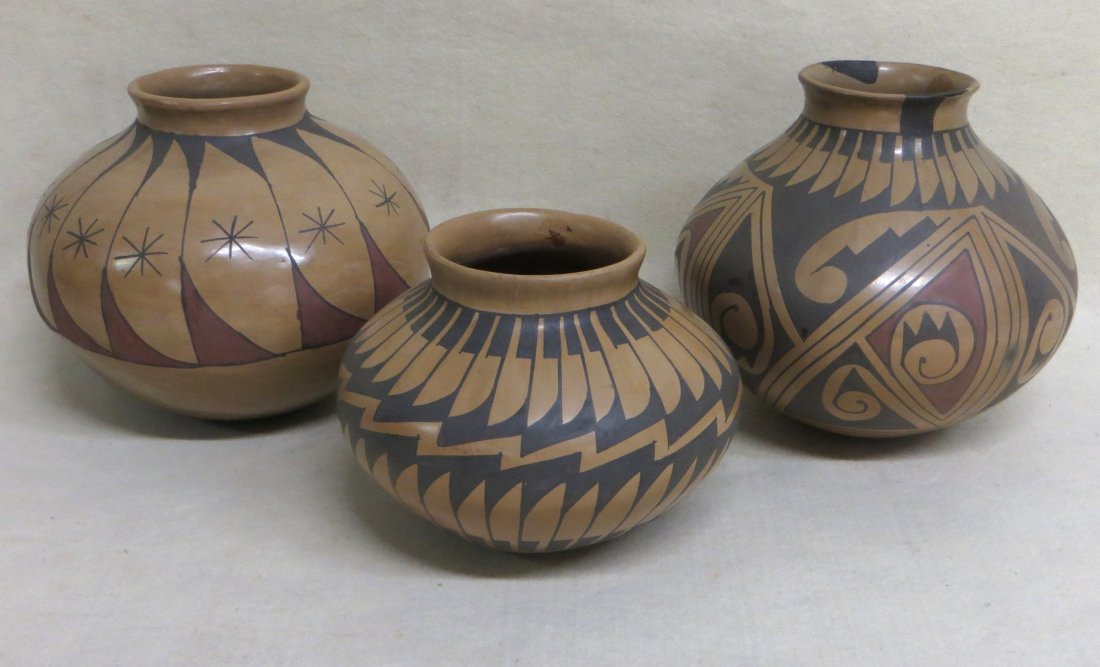 Lot of 3 Native American style hand painted large food: Lot of 3 Native American style hand painted large food storage jars - probably mid- 20th century - 2 with Mexico paper labels and 2 signed illegibly in base (one partial signature Ortiz). 6.5"H, 8"H, 