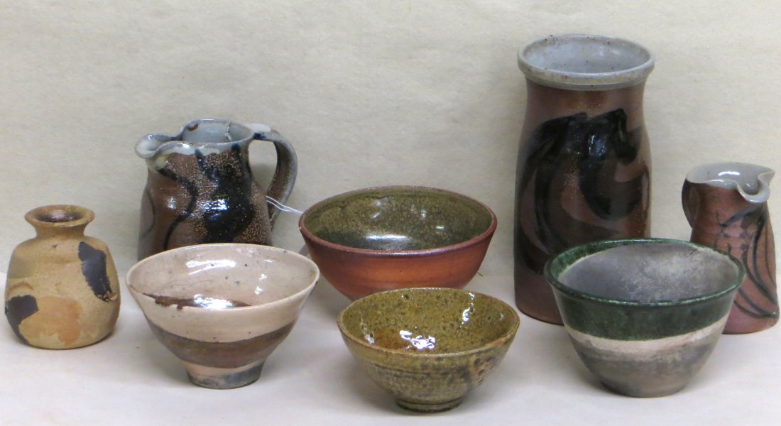 Collection of 8 pieces of Japanese style modern pottery: Collection of 8 pieces of Japanese style modern pottery including 4 bowls, 2 vases and 2 pitchers. All in good condition, some pieces signed DVB. Note, this pottery all from the Doctor David V. Becker