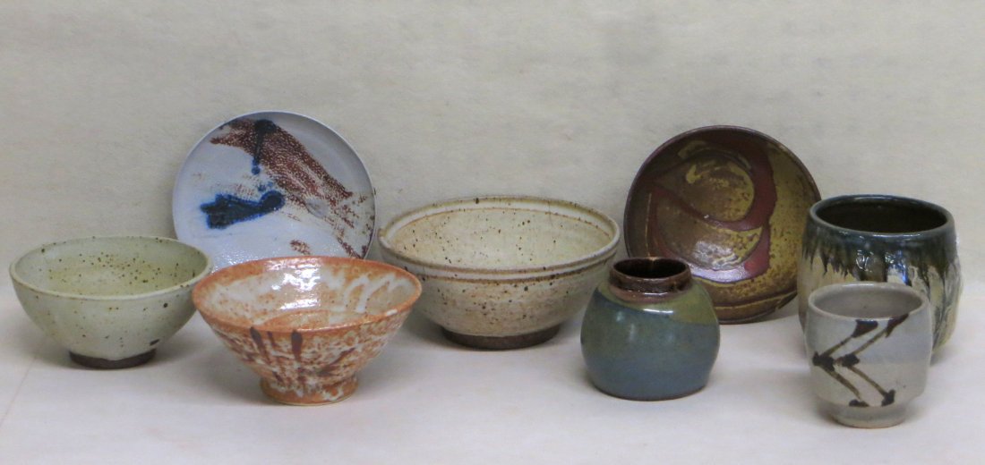 Collection of 8 pieces of modern Japanese style: Collection of 8 pieces of modern Japanese style pottery, some signed DVB, including 4 bowls, 1 dish, 1 mug and 2 jars. Note, this pottery all from the Doctor David V. Becker estate of Long Island NY. 