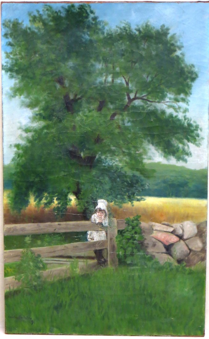O/C County landscape with young girl leaning on fence: O/C County landscape with young girl leaning on fence signed Edwin Forsythe Porter '91 (1891) - listed American artist - not framed - some crazing but otherwise good overall condition. 22" x 36"