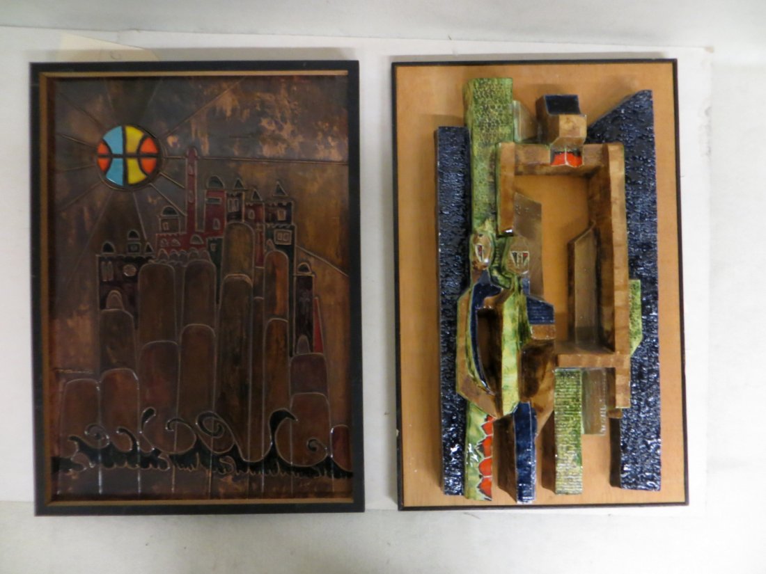 Two modernistic Israeli sculpture/paintings including: Two modernistic Israeli sculpture/paintings including painted copper works of city by water (probably Israel) - 13.5" x 19.5" and a plaster sculpture of people, all hand painted and mounted on board -