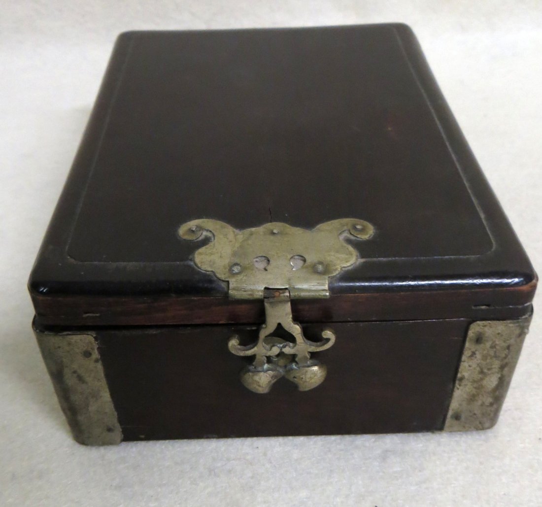 Small traveling Chinese lady's box with interior: Small traveling Chinese lady's box with interior compartments and mirror (comes with 8 bone di found in box).