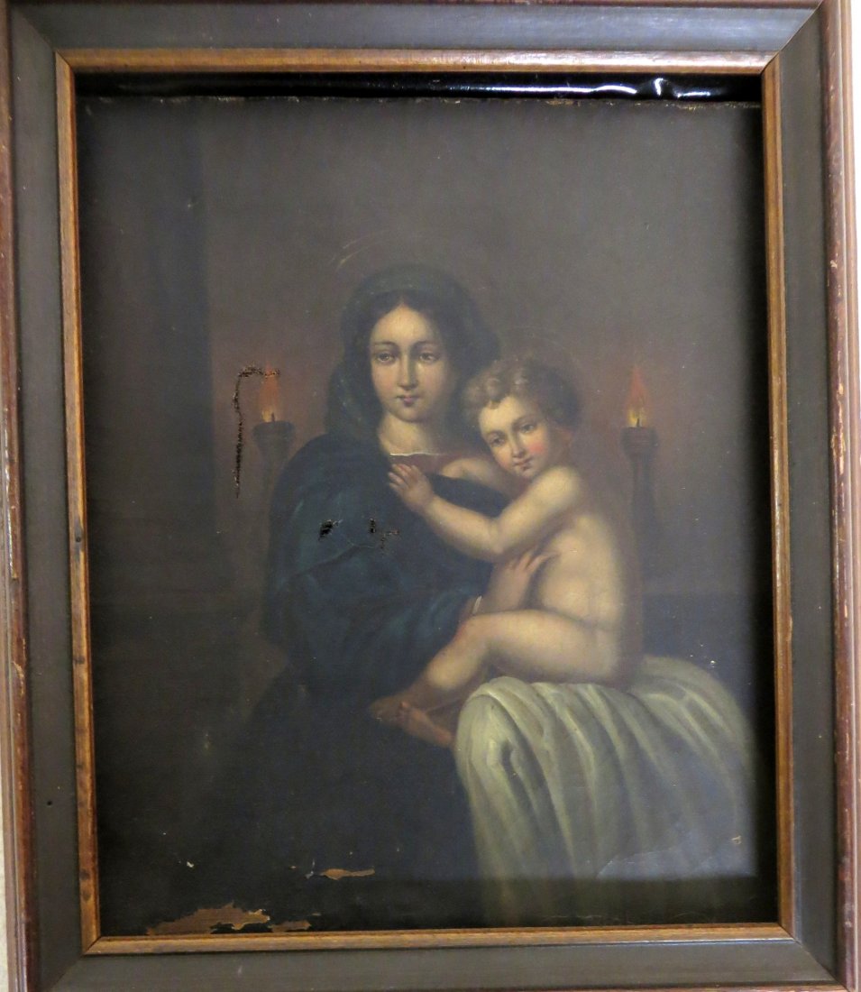Classical O/C portrait of Madonna and Child, late 18th: Classical O/C portrait of Madonna and Child, late 18th to early 19th century - very high quality - two small puncture holes in canvas and a 1.5" tear in canvas - some paint loss bottom left corner. 8.