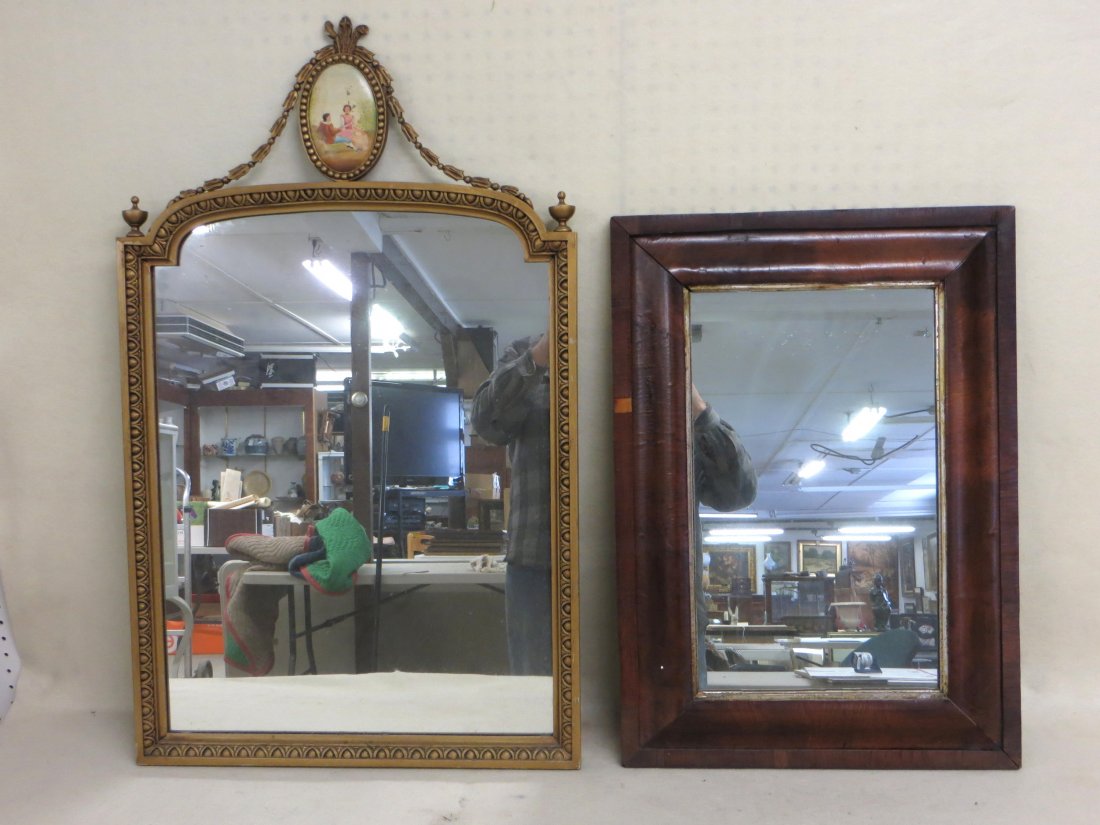 Two 1920's mirrors including one with swags surrounding: Two 1920's mirrors including one with swags surrounding hand painted finial/plaque - 37"L x 23"W, the other period Ogee mirror missing 1" piece of veneer, otherwise very good condition - 19.75" x 27.7