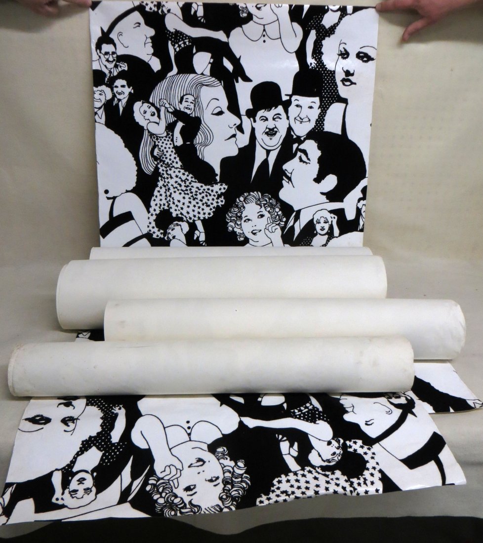 Wall paper of 1930's film stars in raised velvet -: Wall paper of 1930's film stars in raised velvet - stars include Shirley Temple, Ginger Rogers, Fred Astaire, The Marx Bros., W.C. Fields, Jean Harlow, Mae West, etc 3 full rolls which measure 28" x 1