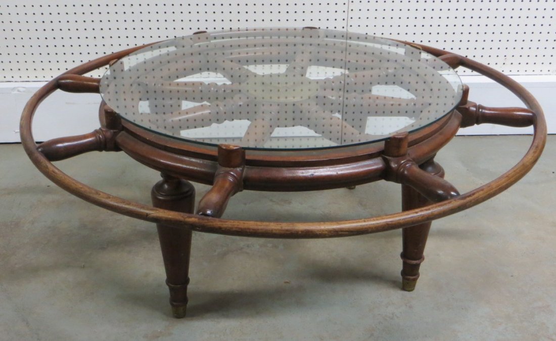 Large 19th century sailing ship's wheel, probably 19th: Large 19th century sailing ship's wheel, probably 19th century, with turned wooden handles and structural arms - brass and iron supports - maker's brass tag signed J. Koetse & Zn, Hoogezand. - 44"D. N