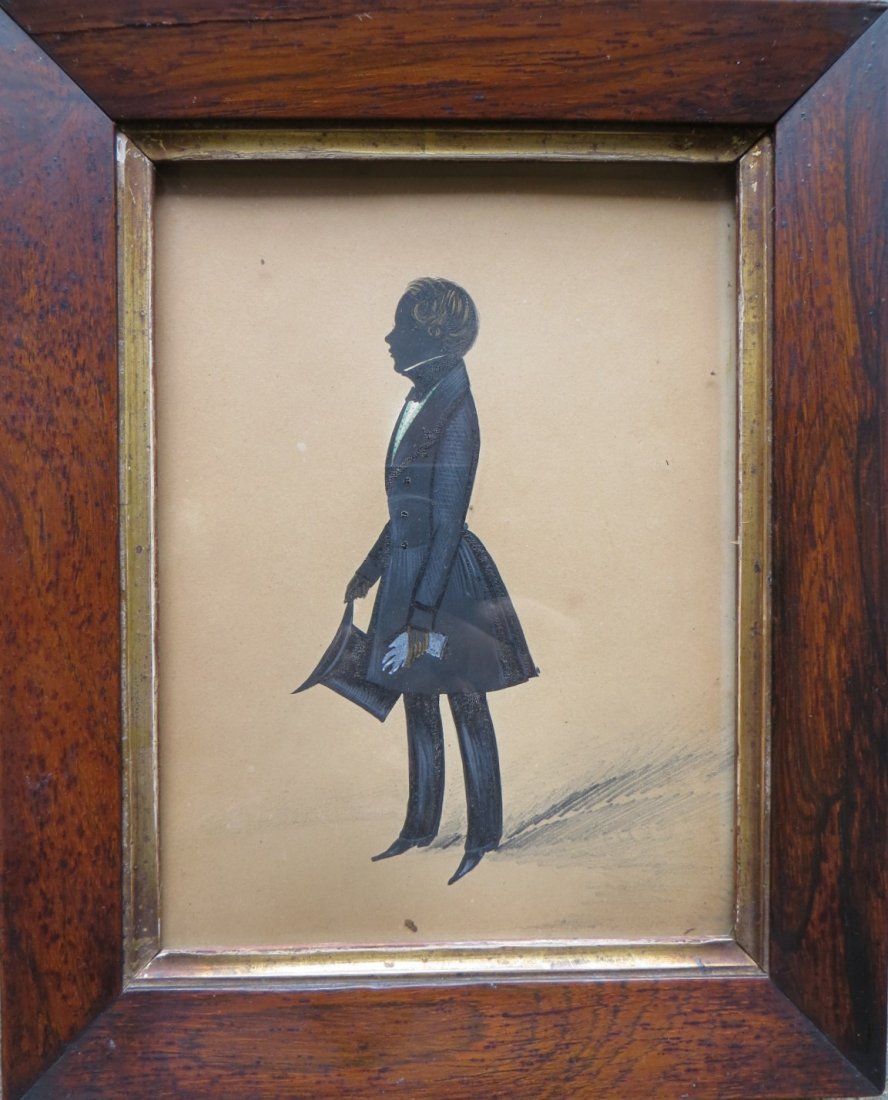 Fine W/C & Oil silhouette portrait of a standing young: Fine W/C & Oil silhouette portrait of a standing young man holding top hat and gloves - appears to be in original rosewood frame, probably early 19th century English. 5.5" x 7.25".