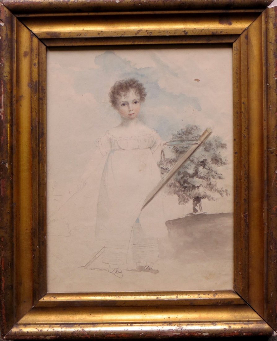 Early W/C portrait of a young girl and "riding" stick: Early W/C portrait of a young girl and "riding" stick pony - 6.5" x 8.5". Appears to be mounted in original lemon gold frame - 19th century.