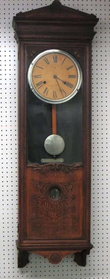Bundy Time Recorder oak wall clock - Face signed: Bundy Time Recorder oak wall clock - Face signed International Time Recording Co. Binghamton NY - lower case signed Bundy Time Recorder, Bundy Manufacturing Co., Binghamton NY. Small circular mirror o