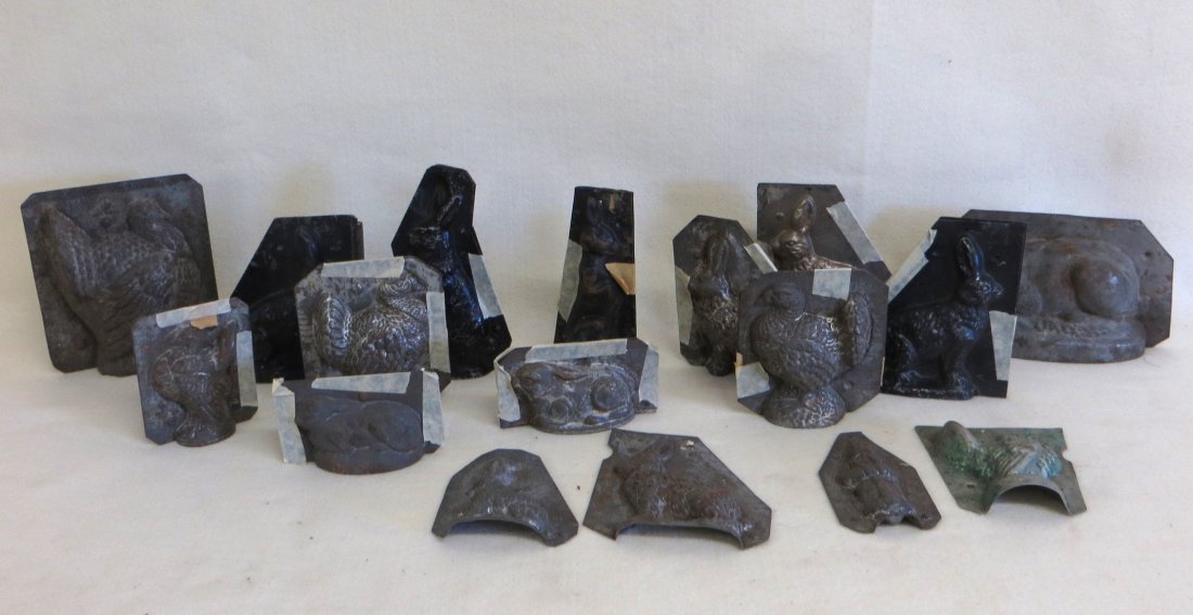 Collection of 11 complete tin rabbit and turkey: Collection of 11 complete tin rabbit and turkey chocolate molds and 6 partial molds. Late 19th century.