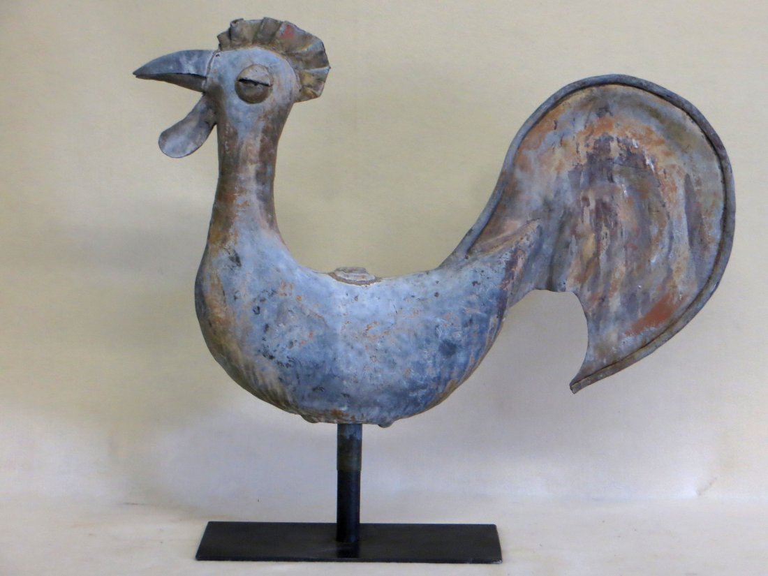 Folk art lead or zinc Rooster Weathervane.: Large folk art lead or zinc rooster weathervane - good original condition with old patina and traces of old brown or gold paint - 19th century. 21"H x 32.5"L. Very good condition.