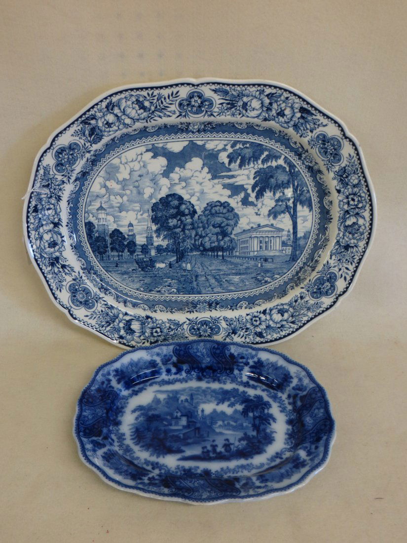 Two blue and white transferware platters including Yale: Two blue and white transferware platters including Yale College by Wedgwood England - 16"W x 20"L and a flow blue platter Nonpareil pattern by Middleport Pottery - 11" x 13.5".