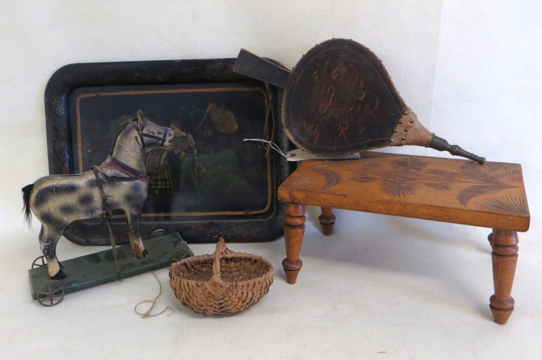 Collection of 5 country items including stenciled tray,: Collection of 5 country items including stenciled tray, horse on wheels pull toy (original paint - 1 replaced wheel), small splint melon basket, early stenciled bellows and a butternut stool with turn