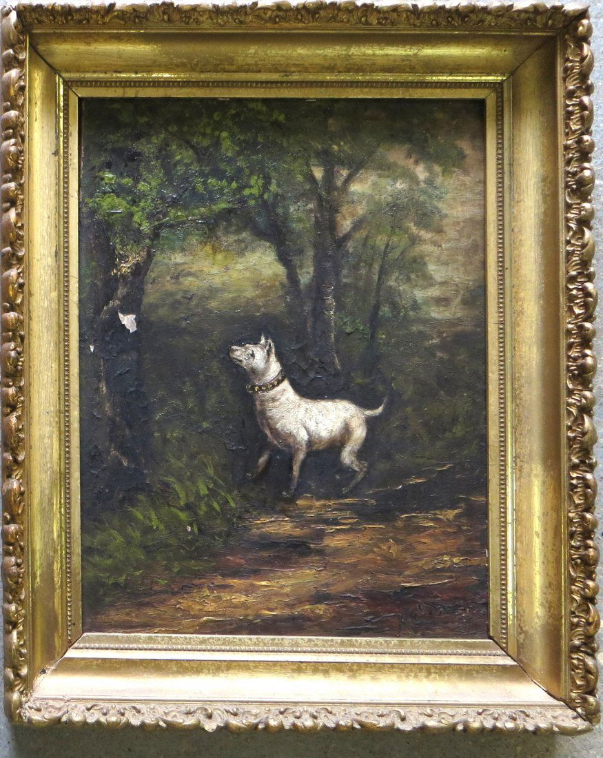 O/B Dog barking at nest in tree - 19th century - signed: O/B Dog barking at nest in tree - 19th century - signed illegible initials bottom right - 2 small paint chips on left margin and some over paint - 9" x 12"