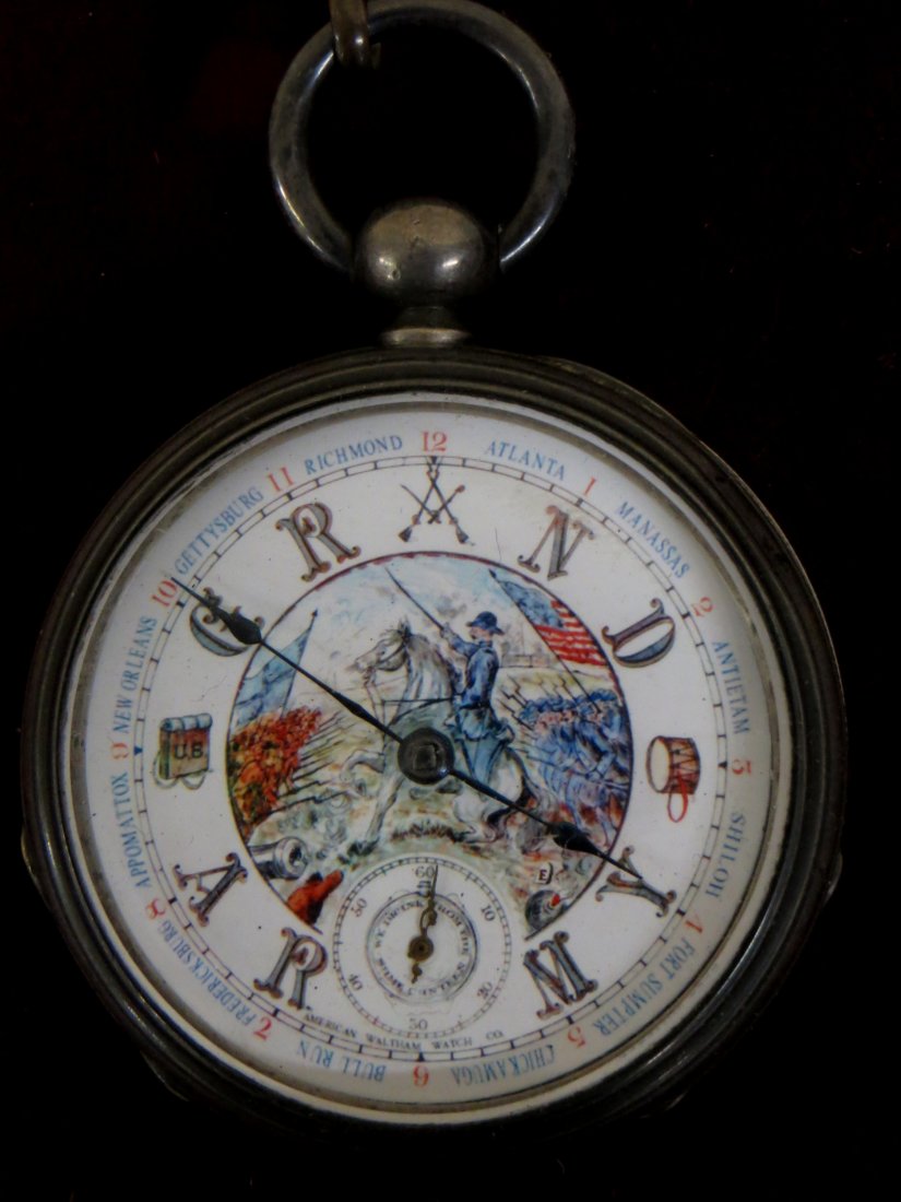 G.A.R. Waltham coin silver, key wind pocket watch: G.A.R. Waltham coin silver, key wind pocket watch (missing key) - face appears to be all hand painted and depicts an officer on horseback leading a charge with soldiers holding rifles and an American 