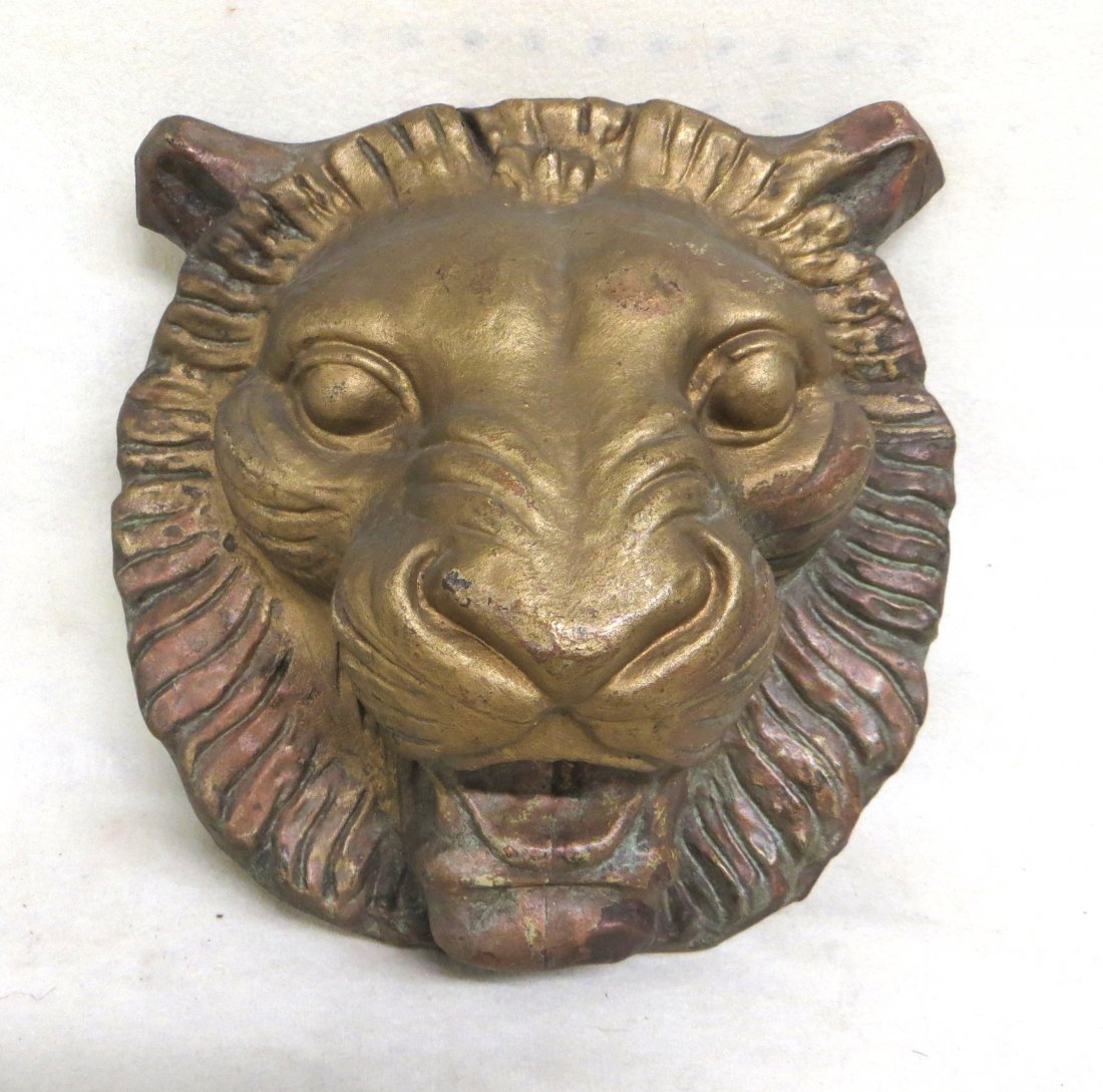 Tin or zinc lion face mold - 19th century.: Unusual tin or zinc lion face mold in old gold paint - 19th century - 13.5" x 14". Good overall condition.