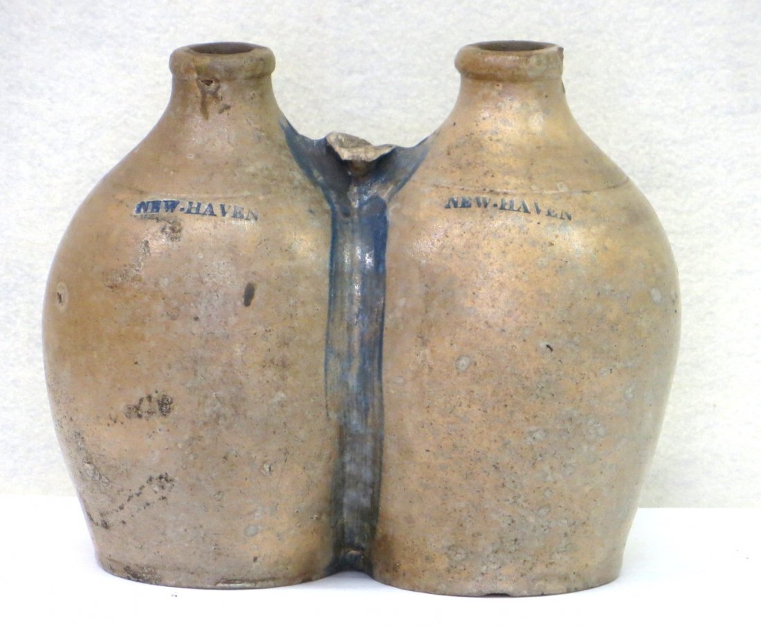 Damaged stoneware gemel with a cobalt stripe between: Damaged stoneware gemel with a cobalt stripe between the conjoined ovoid jugs, each having a tooled shoulder and each stamped NEW-HAVEN with cobalt accent - two 1/2" chips on lips, handle broken and m