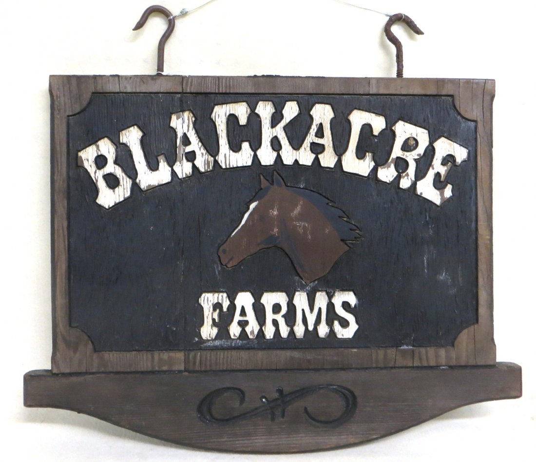 Old wooden double sided painted sign "Blackacre Farms",: Old wooden double sided painted sign "Blackacre Farms", raised lettering in old black and white paint and a raised horse head profile in old brown and white paint over a carved background, upper crest