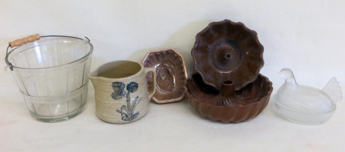 Collection of 6 country items including 2 redware bundt: Collection of 6 country items including 2 redware Turk's head molds (both good condition), ironstone Jello mold in grape pattern, hen on nest covered glass dish, glass bucket with bail handle, and a s