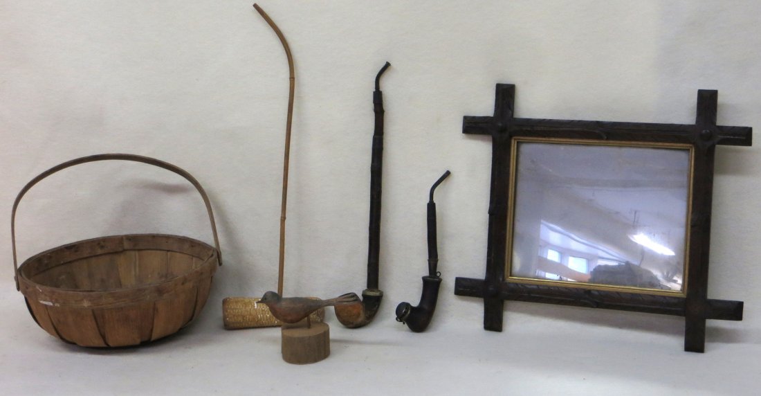 Collection of country items including basket with swing: Collection of country items including basket with swing handle (mid-20th century), Victorian hand carved rustic mirror with gold inset (missing small wooden ornament lower right corner), primitive han