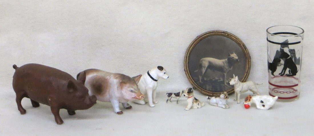Collection of decorative articles including 3 miniature: Collection of decorative articles including 3 miniature porcelain dogs including 1 with original RCA Corp "Nipper" label also marked Made in Japan - 3"H, 3 miniature painted metal dogs, dog decorated