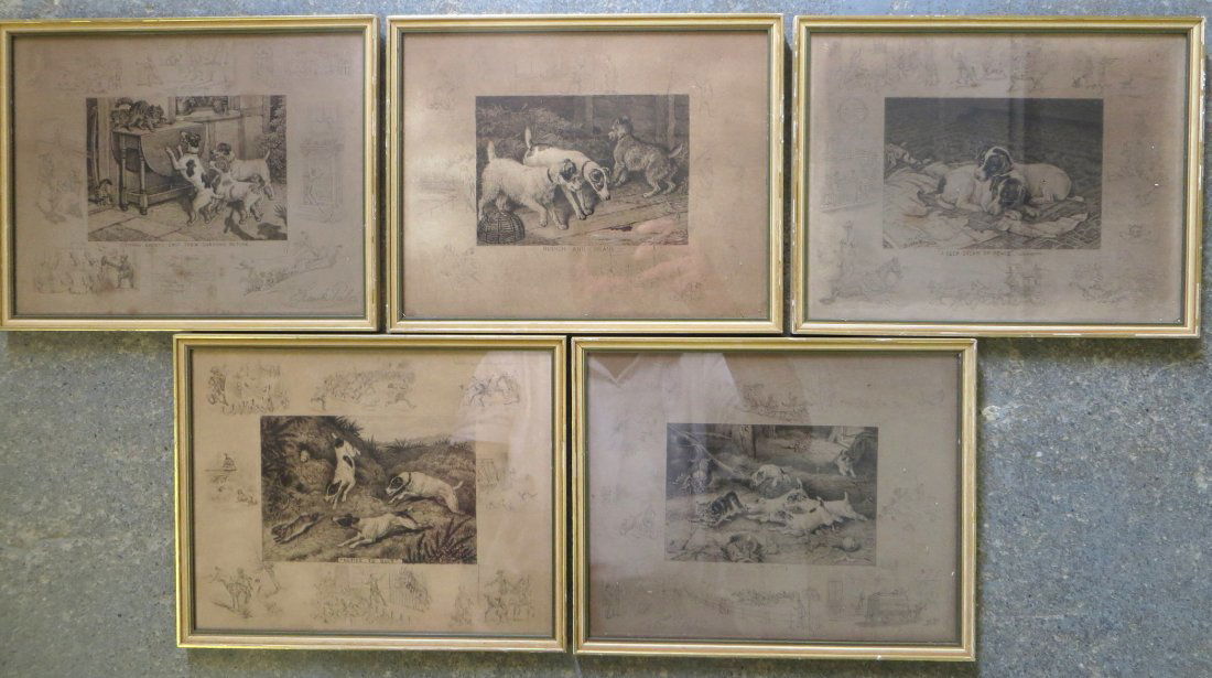 Collection of five 19th century Frank Paton dog prints: Collection of five 19th century Frank Paton dog prints all pencil signed Frank Paton (Frank Paton, England 1856-1909) - note some signatures faded, all in matching frames. Titles include: "Gone Away"
