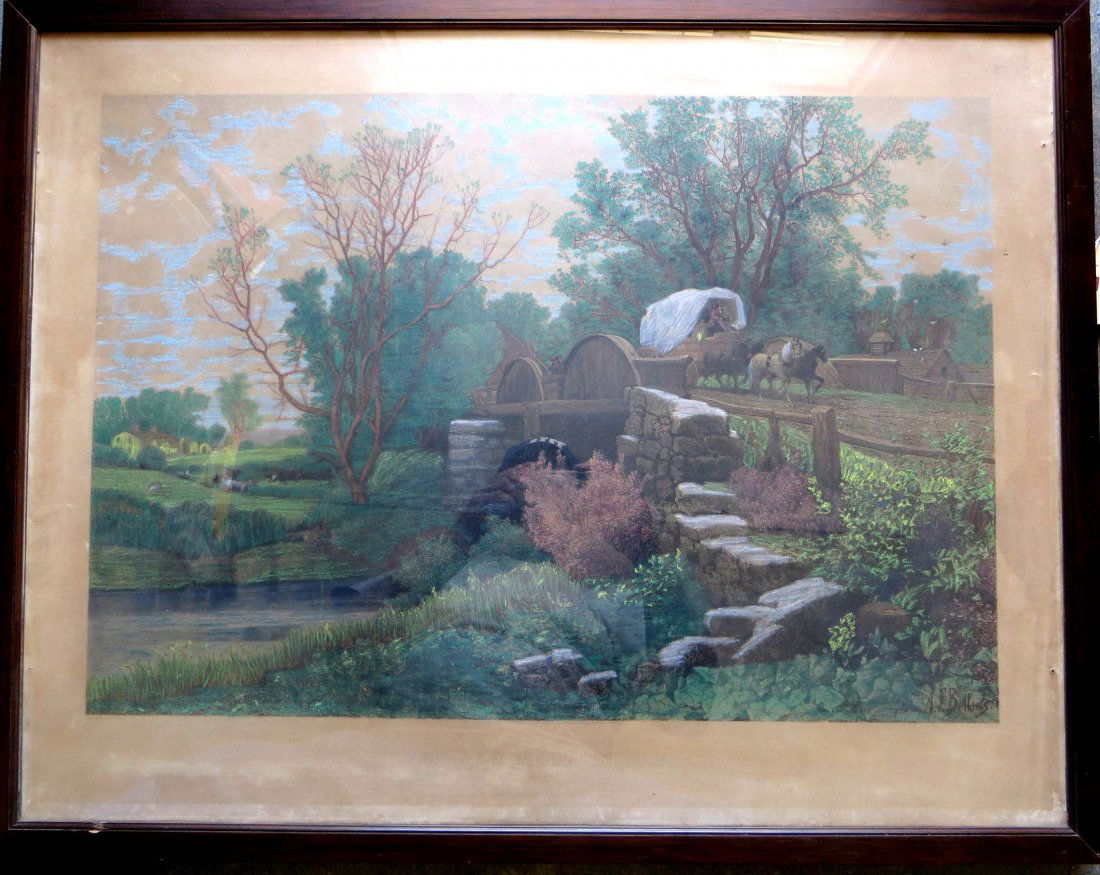 Large folio hand colored print entitled "The Old Mill: Large folio hand colored print entitled "The Old Mill Stream" after a painting by A.F. Bellows. 19th century. 22.5" x 29.5". Not examined out of frame. Some browning noticeable around perimeter.