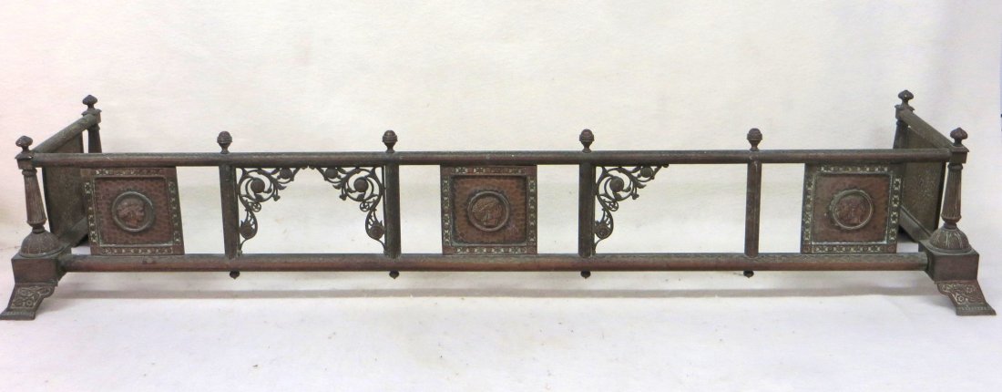 Egyptian revival copper and brass fireplace fender -: Egyptian revival copper and brass fireplace fender - front panels with images of an Egyptian lady - on section of corner ornamentation is missing (see photos), otherwise very good condition. 19th cent