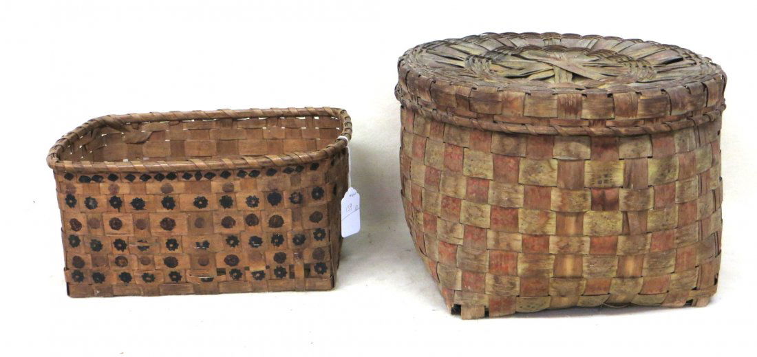 Two Native American baskets, one with lid, both with: Two Native American baskets, one with lid, both with colorful potato stamps and both with breaks in splint - 11.5"H x 18"D top and 7.5"H x 12" x 16.5" rectangular top.