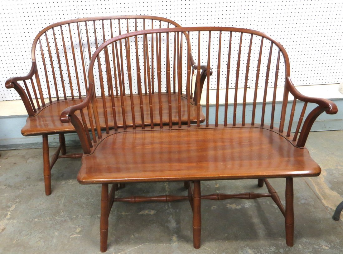 Pair of bow-back Windsor style maple benches signed: Pair of bow-back Windsor style maple benches signed Frederick Duckloe & Bros - Portland PA. - also has plaque indicating Bicentennial "Bishop White" Settee (with registration number). 43.5"L x 37.5"H 