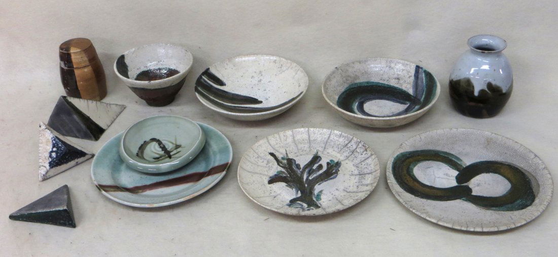 Twelve pieces of paint decorated Japanese style art: Twelve pieces of paint decorated Japanese style art pottery from the Dr. David B. Becker estate. All in good condition - some pieces signed by Dr. Becker on base.