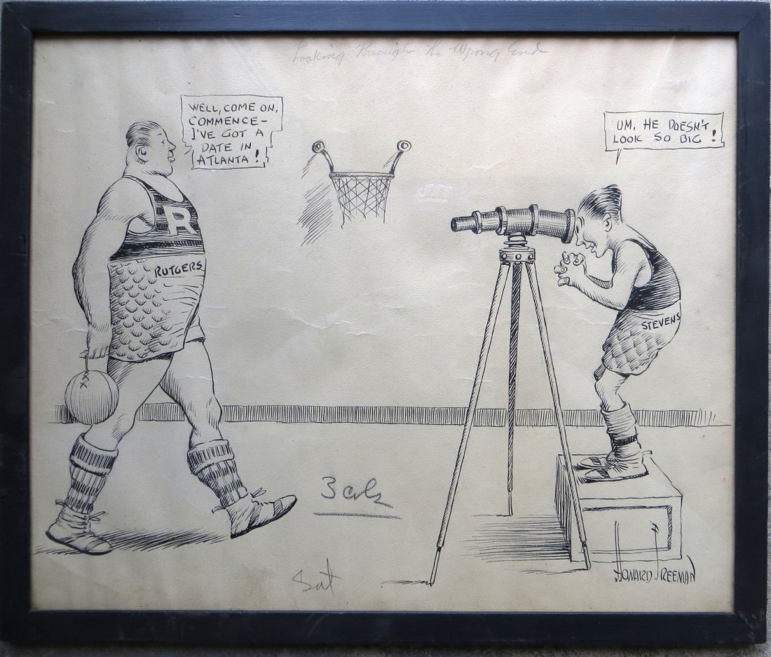 Pen & ink college cartoon drawing of Rutgers vs.: Pen & ink college cartoon drawing of Rutgers vs. Stevens (Institute of Technology) signed Howard Freeman (Howard Benton Freeman NJ/Calif. 1878-1937). Exc. Condition. Size xxx