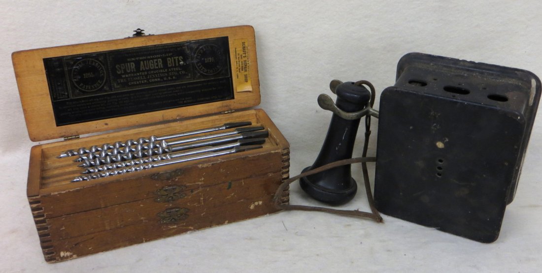 A set of 13 Spur Auger Bits signed Russell Jennings: A set of 13 Spur Auger Bits signed Russell Jennings Mfg. Co. Chester Conn. - patent 1876 in original 3 section box 0 - good condition; together with an old Western Electric wall phone missing speaker.