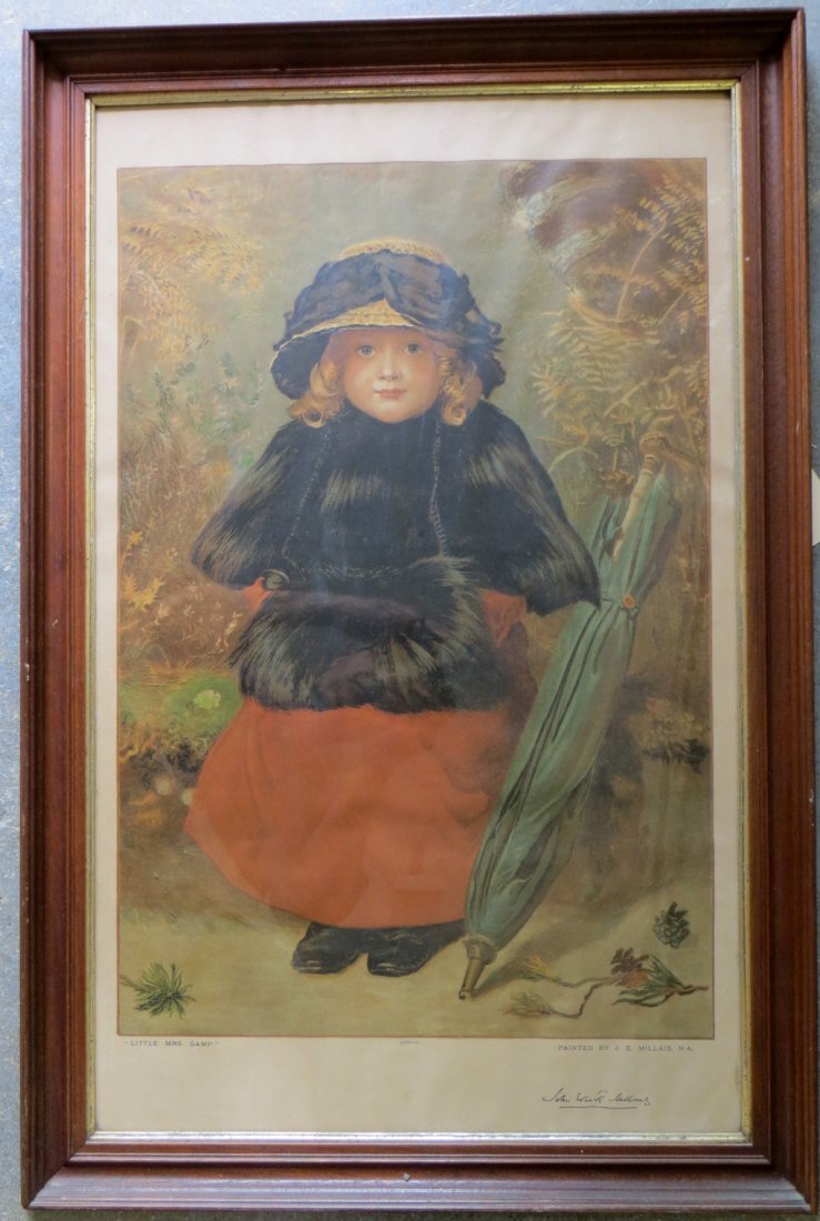 Victorian chromolithograph of young girl wearing fur: Victorian chromolithograph of young girl wearing fur muff, fur coat, and bonnet entitled "Little Misses Gamp" and "Painted by J. E. Millais, RA.". Original black walnut frame. Good overall condition.1