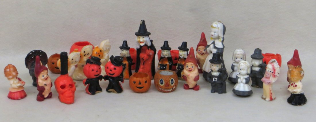 Grouping of 25+ vintage mostly Halloween and: Grouping of 25+ vintage mostly Halloween and thanksgiving candles some labeled Gurley Novelty Co., Buffalo, NY. Includes witches, turkeys, jack-o-lanterns including a paper-Mache lot, pilgrims, ghosts