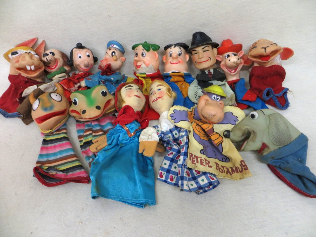 Collection of 15 hand puppets most dated in the early: Collection of 15 hand puppets most dated in the early 1960's from Ideal Toys, Tarcher Products, Gund and others. Characters include Dick Tracy, Popeye, Olive Oil, Fred & Barney, Lamb Chop, etc. All pu