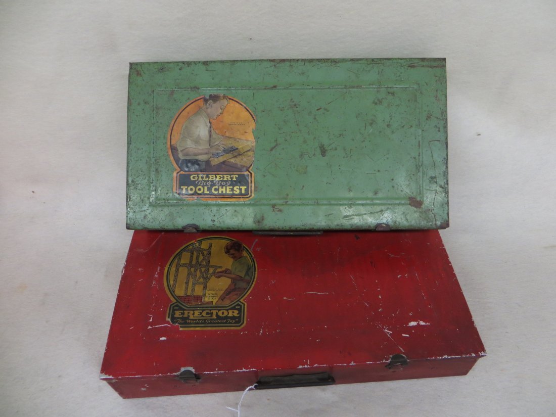 A Pair of Gilbert toy sets including a number 7.5: A Pair of Gilbert toy sets including a number 7.5 erector set with an electric engine and a 1954 Gilbert booklet, and a Gilbert "Big Boy" tool chest, includes a hammer, plumb bob, saw, pliers etc. uns