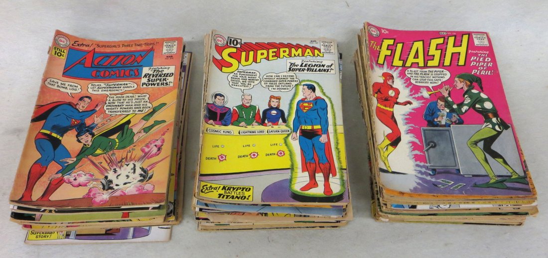 Lot of 70+ mostly vintage .10 cent comic books: Lot of 70+ mostly vintage 10 cent comic books including Action Comics No. 274, The Flash No. 106, 107,116, 122, Superman No. 125, 126, 133,139, 147, Action comics no. 236, 253, 254, 255, 259, 269, Wor