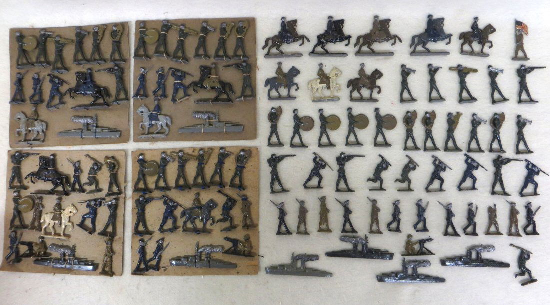 Lot of 107 WWI lead soldiers and ships.: Lot of 107 WWI lead soldiers and ships all in original paint in very good to excellent condition. It is believed all have not been played with as 4 still attached to original sales cards from early 20