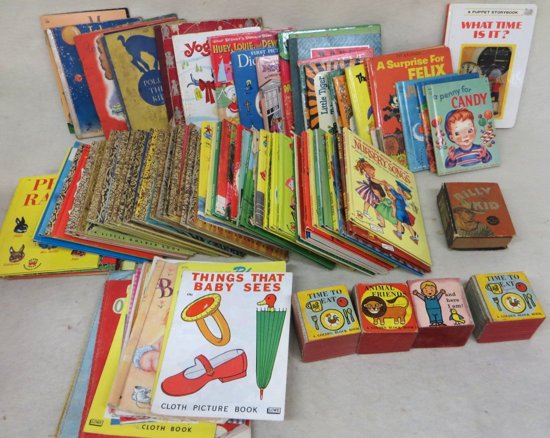 Large grouping of kid's books including 20 Golden books: Large grouping of kid's books including 20 Golden books from the 1940's and 50's, Big Little Book "Billy the Kid", 15 1960s cloth books, various old Wonder books, 4 golden block books, "A Puppet Story
